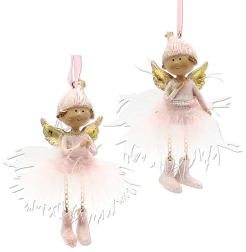 Dekohelden24 2er Set Schutzengel, Dekoengel, Engelfiguren zum Aufhängen mit rosa Federrock und goldenen Flügeln, aus Polyresin, Größe L/B/H ca. 3 x 5 x 14 cm.