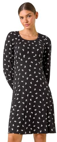 Roman Originals Women Gathered Chest Dress Ladies Stretchy Fit & Flare Swing Tea A Line Skater Knee Length Long Sleeve Midi Smart Casual Work Going Out Cocktail Party - Noir Blanc - Size 14