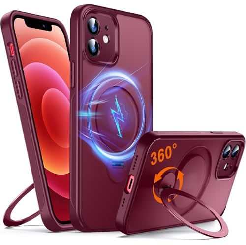 Chicfun 360° O-Ring MagStander for iPhone 12 Pro Case with Magnetic Stand Ring Holder [Compatible with MagSafe][15FT Military Shockproof] Kickstand iPhone 12 Pro Phone Cover Burgundy