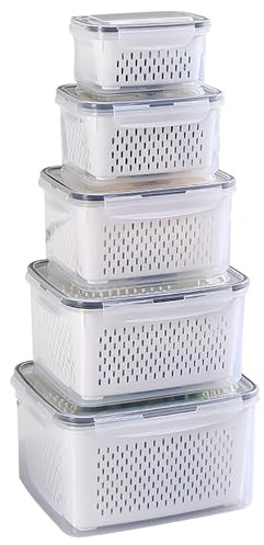 Kongming Kühlschrank organizer,Frischhaltedosen mit deckel,Frischhaltedosen,Kühlschrank organizer set,Fridge organizer mit Deckel und Sieb (6.2L+4.15L+3.15L+1.7L+0.8L)