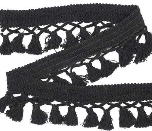 Yalulu 10 Yards Fransenborte aus Baumwolle, Baumwollquaste, Stoff, Fransenborte für Bastelarbeiten Fransenband zum Nähen Fransen Dekoband DIY Kantenbesatz Vorhang Kleidung (Schwarz)