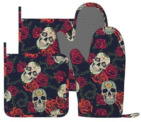 Ofenhandschuhe und Topflappen im Vintage-Stil, elegant, Totenkopf-Design, Silikon, hitzebeständig, rutschfeste Handschuhe, Küchendekoration für Grillen, Kochen, Grillen, Backen, 4 Stück