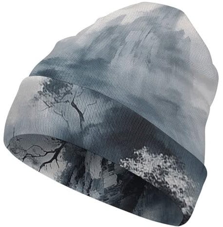 FZQVSWTX Damen Herren Strickmütze mit Bündchen, niedliche Malerei mit Bäumen und Nebel, bedruckt, modisch, weich und warm, Strickmütze mit Bündchen, Malerei mit Bäumen und Nebel, Größe 3XL, Malen mit