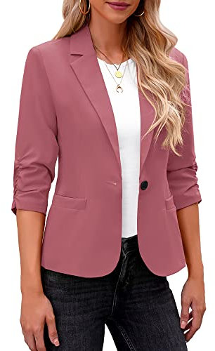 Roskiky - Blazer da donna, elegante, giacca, manica 3/4, da affari, casual, abiti per il lavoro, Rosa, XXL