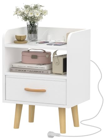HaodaCulture Nachttisch Schmal Weiß, Nachtschrank mit Steckdose, 2 USB Anschlüsse, 2 Steckdosen, Stoffschublade, Offenes Fach, Holz Beine, Modern Nachtkästchen, Wohnzimmer 40x30x55 cm