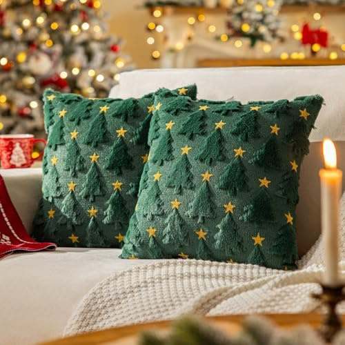 2er Set Weihnachtskissen 45x45 cm,Weihnachtsdeko Innen,Kissen Grün mit Verstecktem Reißverschluss,Sofakissenbezüge,Weihnachten Zierkissen,Weihnachtsdeko für Sofa Bed Garten Room(Keine Füllung)
