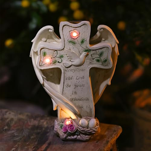 Tuzsocr Kreuz Engel Grabstein,Frieden Grabdekoration mit Solarleuchten,Wetterfest Kreuz-Gedenkstein,Automatische Beleuchtung,Kunststein Grabkreuz Geeignet für Garten,Rasen,Friedhofsdekoration (Stil 1)