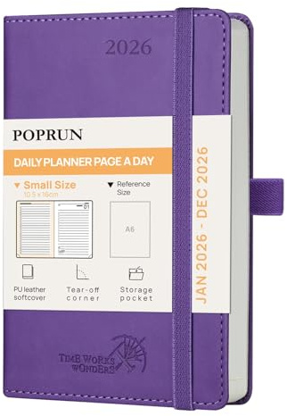 POPRUN Kalender 2026 Tagesplaner Softcover 16 x 10,5 cm, Tageskalender A6 1 Tag 1 Seite (Montag - Sonntag), Terminplaner (Jan.2026-Dez.2026) mit PU-Leder - Lila