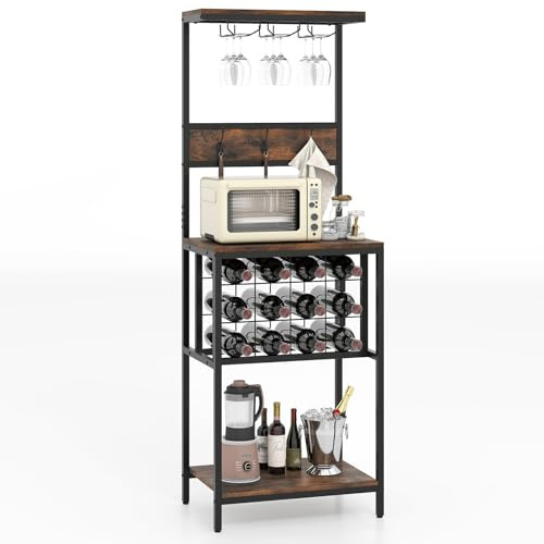 COSTWAY Küchenregal mit Weinregal, Standregal mit Anlagen, 3 Hakens, Glashaltern & Weinflaschenhaltern, für Küchen Bar Esszimmer Keller, Bäckerregal Freistehend, Vintage Braun, 54 x 37 x 156 cm