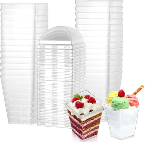 Hejo 50 Stück Wiederverwendbare Dessertgläser mit Deckel, 160ml Dessertschalen,Quadratisch Dessert Becher mit Deckel,Dessertbecher für Pudding,Mousse Party