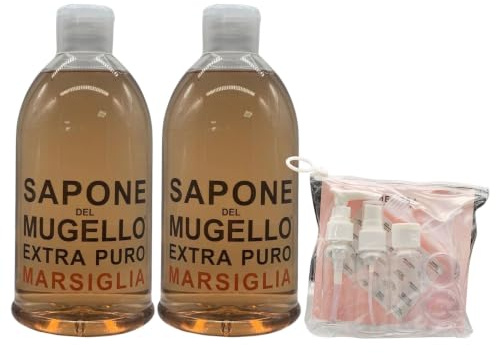 Sapone Extra Puro,MARSIGLIA, Per Mani, Viso e Corpo, Con Estratto Biologico Di Foglia Di Olivo 1000ml (2 Unità) + Kit Bottiglie Da Viaggio