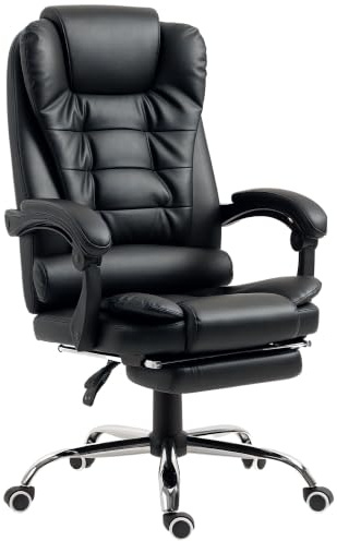 HOMCOM Bürostuhl Ergonomischer Schreibtischstuhl mit Lendenwirbelstütze, Armlehne, Fußstütze, Höhenverstellbarer Drehstuhl mit Wippfunktion, Kunstleder, Gepolstert Computerstuhl, Schwarz