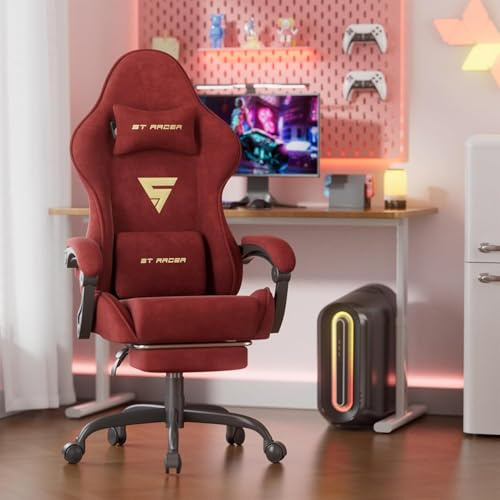 WoRaum Chaise Gamer Ergonomique,Chaise Gaming avec Massage Lombaire,Fauteuil Game Repose-Pieds Rétractable & Dossier Réglable,Confort Tissu Velours, Rouge