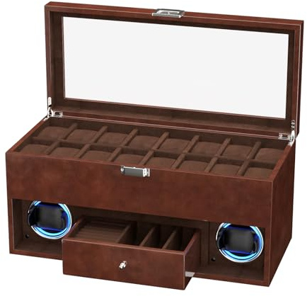 XTELARY Caricatore doppio per orologi, caricaorologi per 2 orologi automatici con vetrina per orologi da 16 scomparti, cassetto, 4 modalità di rotazione, cuscino regolabile e luce LED blu per gli