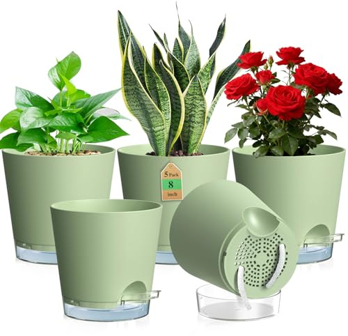 WSMKSZ 20cm Selbstbewässerungstopf, 5er Set Kunststoff Blumentöpfe, Grün | Pflanztöpfe mit Abflusslöchern & Transparentem Untersetzer, Sichtbarem Wasserstand, mit Baumwolldocht für Innen Außen