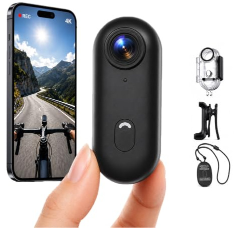 Winnes Mini cámara de acción 4K con Gran Angular de 120° y Clip Trasero de 360°Formato de Audio y Video. Grabación POV Manos Libres. Ideal para Cascos de Bicicleta y Motocicleta (Negro)