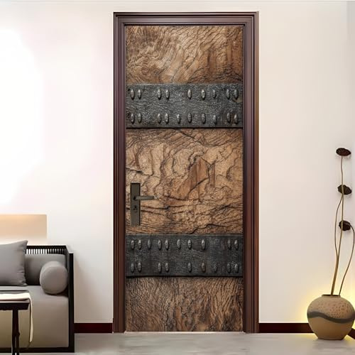 Pegatina Decorativa 3D Para Puerta 77x200 cm Textura De Madera Vintage Vinilo Autoadhesivo Pegatinas para Puertas MarróN Claro Impermeable para Dormitorio BañO, Cocina Y Oficina