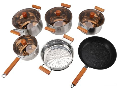 Jopwkuin Rust Resistant Stainless Steel Cookware Set with Elegant Wooden Handle for Versatile Kitchen Cooking for Everyday Use