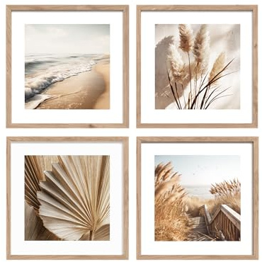 STYLER Bilder Set Boho Dreams 4x 30x30 cm (AUFHÄNGFERTIG) mit hochwertigem Holzrahmen – Sanfte Küstenmomente für Ihr Zuhause – Beige Sand Natur Minimalistisch Boho