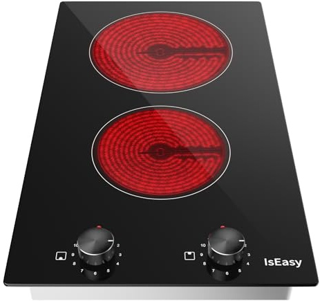 Glaskeramikkochfeld 2 Platten, IsEasy Domino Glaskeramikkochfeld mit 11 Leistungsstufen,3200W, 29.5cm, Drehknopf Knebel Steuerung, Schwarz Polierter Kristallglasoberfläche, für Alle Töpfe