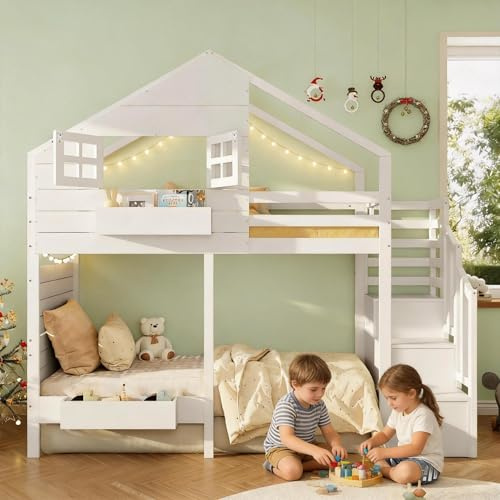 LANTRO JS Kinder Hochbett 90x200 cm mit Stauraumtreppe, Hausbett Design mit Fenster, Etagenbett mit Rausfallschutz und Wandregal, ohne Matratze, Massivholz, Weiß