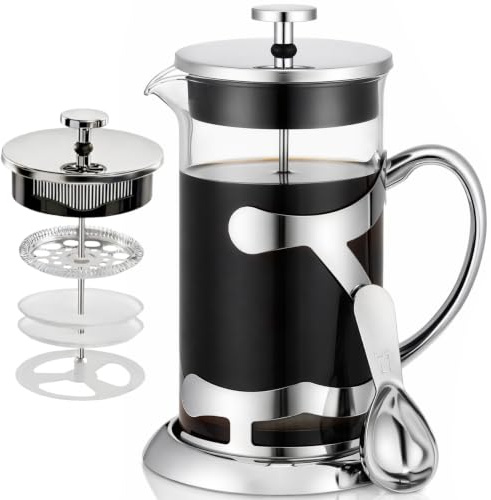 CHDEXU French Press Kaffeebereiter aus Edelstahl, 1 l, hitzebeständig, Borosilikatglas, Kaffeepresse mit Kaffee-Messlöffel, manueller Brauer für Kaffee und Tee