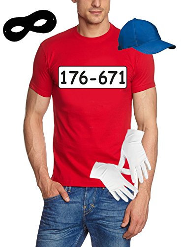 Coole-Fun-T-Shirts Ganster Bande KOSTÜM Set - Fasching - Karneval - T-Shirt, MÜTZE, Maske, Handschuhe - rot Gr.L