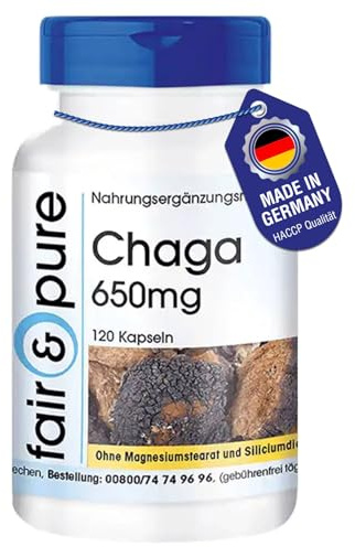 Fair & Pure Chaga 1300mg Tagesdosis, 120 Kapseln, hochdosiert, Inonotus obliquus, Nahrungsergänzungsmittel vegan ohne Magnesiumstearat, in Deutschland hergestellt