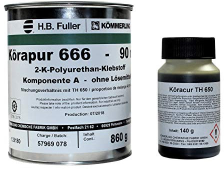 Kömmerling Körapur Reaktionsklebstoff 666/90 (860 Gramm) und Köracur TH650 (140 Gramm) Komplett Set - Polyurethan, Paste, Transparent, Wasserfest, Industrieller Reaktionsklebstoff, Klebstoff