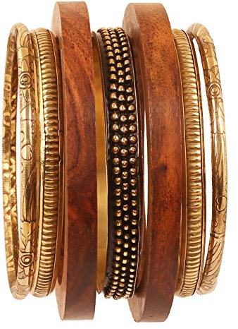 Touchstone Indian Bollywood Brass Handcrafted Bijoux Designer Joli motif assortis et Set en bois Bangle Bracelets de 7 Or Antique et tons naturels pour les femmes.