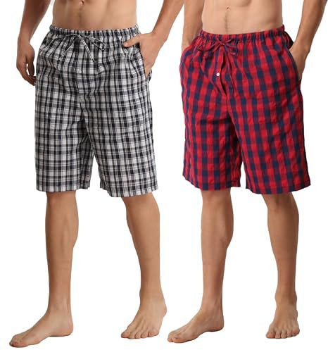 YUSHOW Short Pyjama Homme Coton Doux Confortable Bas de Pyjama Court Vêtement Nuit d'été à Cordon Léger,Noir Carreaux+Rouge Carreaux,XL
