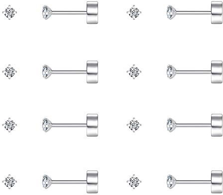FOSIR 8 Pairs 3mm Tiny Flat Back Earrings for Women Men Surgical Stainless Steel Stud Earrings Cubic Zirconia Cartilage Earring Hypoallergenic (Silver, 3mm CZ)