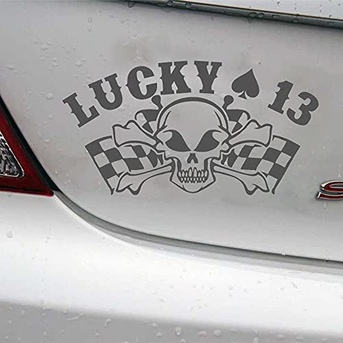 myrockshirt Totenkopf Lucky 13 Rennflagge 20 cm Aufkleber Autoaufkleber Sticker ohne Hintergrund Auto PKW Lack Scheibe