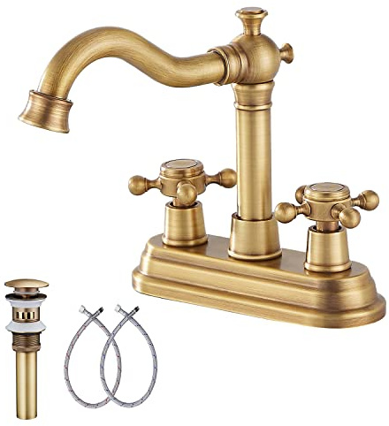 GGStudy Robinet de salle de bain en laiton antique avec 2 poignées de 10,2 cm pour camping-car, vanity-lavabo avec ensemble de vidange et tuyau d'alimentation, robinet mitigeur double poignée