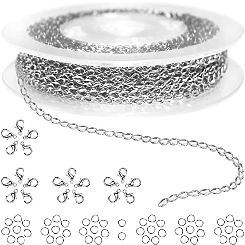 Jishi 33ft Twisted Cable Chain 2mm Silver Stainless Steel Link Chain, Jewelry Making Supplies Necklace Bracelet Extender, DIY Craft Earring Findings, Metal Link Chain Roll w/Lobster Clasps, Jump Rings