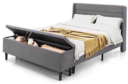 COSTWAY 5FT King Size Bed Frame with Ottoman Bench and Headboard, Wooden Slat Support Platform Bed, Upholstered Mattress Foundation Bedstead Base for Adults Kids Teenagers, No Box Spring Needed