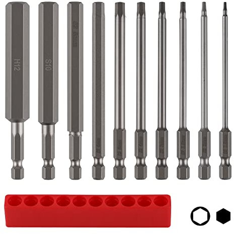 CPROSP 10 destornilladores hexagonales largos de 100 mm, magnéticos de 1/4 pulgadas, con almacenamiento, S2 vástago hexagonal H1,5-H12, llave Allen, color metal