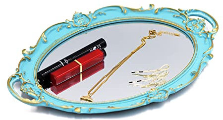 Funerom Vintage 36.8 x 25.4 cm dekorative Spiegel Tablett, Make-up Veranstalter, Schmuck Veranstalter, Servieren Tablett ，Blau Oval
