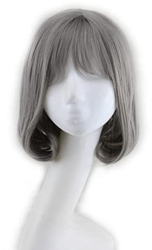 Kurze Bob Haar Perücken, Gerade mit Flachen Knallen Synthetischen Cosplay Daily Party Perücke, Beständige Synthetische Graue Atmungsaktive Flauschige Perücke