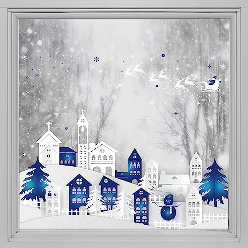 Alwayspon Weihnachten Statische Fensterfolie Privatsphäre Doppelseitiger Schneeflocke Fensteraufkleber Anti-UV Glasfolie für Weihnachtsdekoration Zuhause und Weihnachtsmann T030