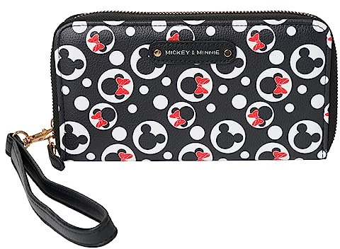 Disney Geldbörse mit Handgelenk, Mickey Minnie Mouse, Winnie Pooh, Reißverschluss, Clutch, Kunstleder, Mickey Minnie Schwarz, Clutch Geldbörse