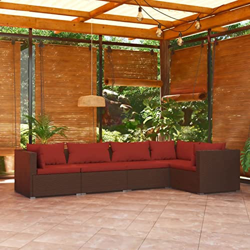Festnight Lounge Gartenmöbel Set Rattan 5 Teilig Gartenlounge Set Rattan Ecklounge Gartensofa Braun und Zimtrot Balkonlounge Loungemöbel Ecksofa Lounge Terrassenmöbel Outdoor Sofa Type-22