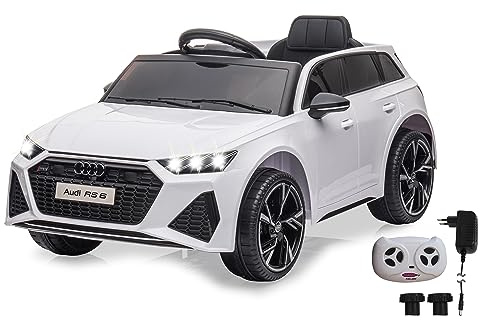JAMARA 461825 Ride-on Audi RS 6 12V 2,4GHz - 2,4GHz für Mehrspielerbetrieb, offiziell lizenziert, Softanlauf, 2 Radantrieb, Bluetooth, USB-Anschluss, Musik, Kinderfahrzeug, Weiß