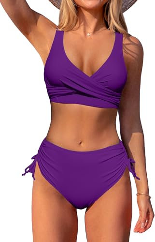 Beachsissi Costumi da bagno da donna a vita alta incrociata con coulisse laterale bikini set pizzo 2 pezzi costumi da bagno, Viola, M