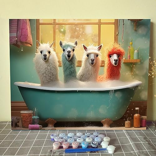 Malen Nach Zahlen - Motiv: Lama 'Take a Shower' für Badewanne, Seife, DIY, Acryl, Aquarellfarbe, Heimdekoration für Anfänger, Leinwand-Set, 40,6 x 50,8 cm
