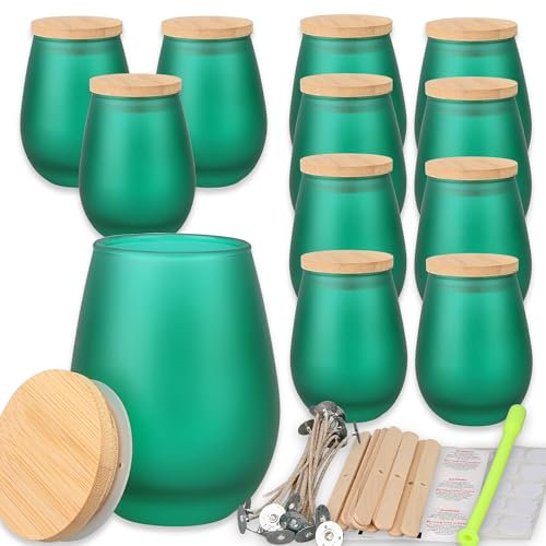 MILIVIXAY Paquete de 12 tarros de vela de 11 onzas con tapas de bambú y kits de fabricación de velas, tarros de vela verde mate, tarros de vidrio vacíos a granel con diseño ovalado para hacer velas