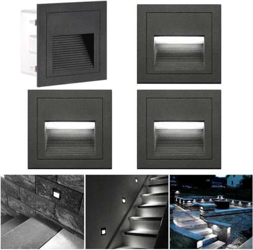 SUBOSI 4er LED Treppenlicht LED Wandeinbauleuchte Aluminium 230V 3W Glas Wandleuchten Treppenbeleuchtung mit Unterputzdose Treppenlicht Wandleuchte IP65 Wasserdicht Kaltweiß