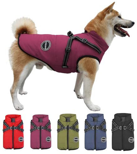 V.PET.B.R Hunde-Wintermantel, warme Hundejacke, Fleece-Hundeweste mit integriertem Geschirr, wasserdicht, reflektierend, gemütlich, verstellbar, Schnee-Haustiermantel, Kleidung mit Reißverschluss
