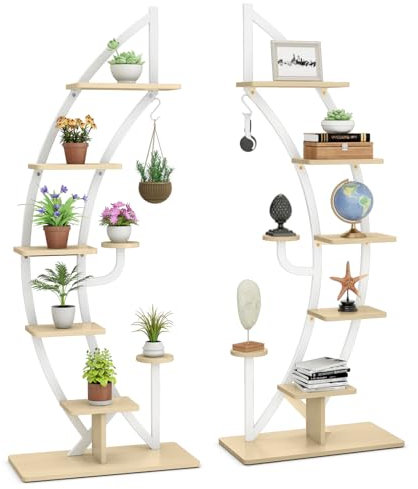 HOMASIS Scaffale Porta Piante a Forma di Mezzaluna, Scaffale per Piante da Interno, Portavasi Elegante da Interni, Espositore per Decorazioni da Balconi, Soggiorni (2, Bianco)