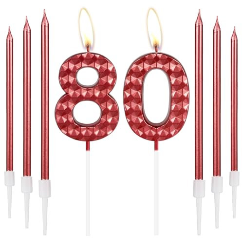 80th Birthday Decorations - Red Number 80 Candles & Topper for Women & Men's Birthday Party & Wedding Anniversary